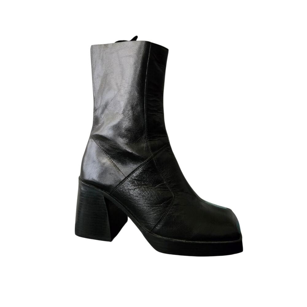 Retro Y2K Asos Rover Leather Heeled Boots 8 Black Square Toe Block Heel Platform